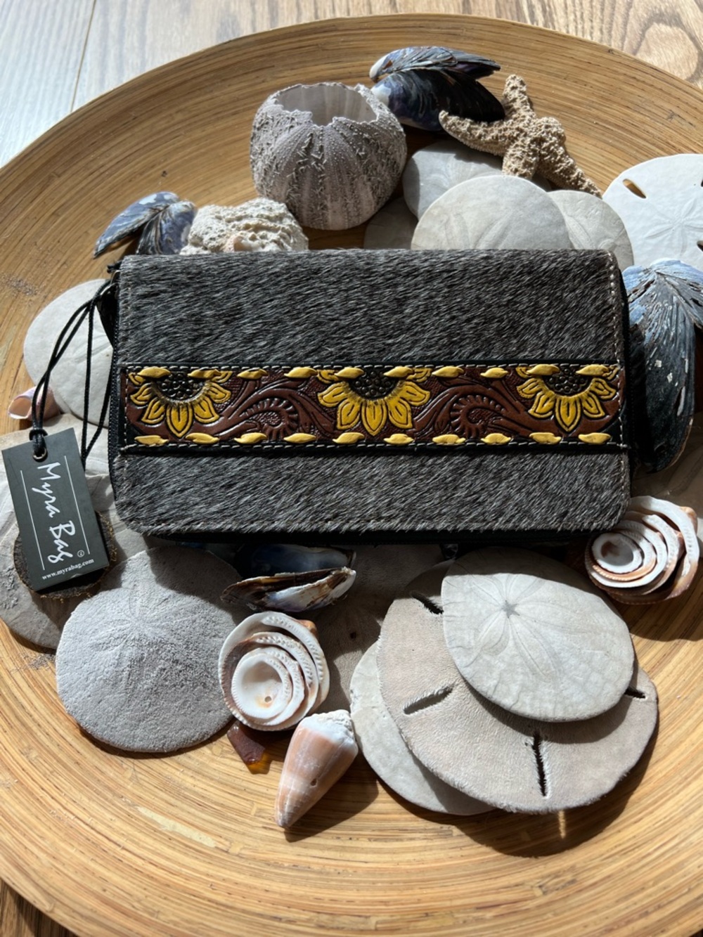 Myra Sunflower Leather Wallet Cowhide Floral Western Boho Card Holder Zip